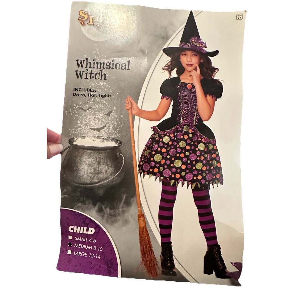 Whimsical Witch Girl Halloween Costume Size Med 8to10 Spirit New Unused complete